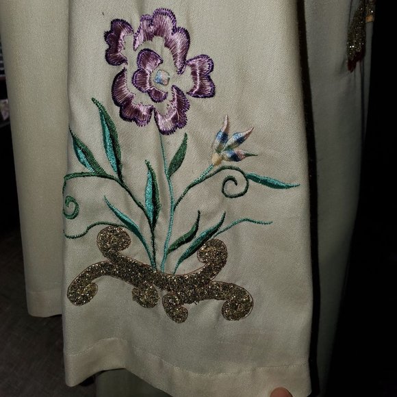 Boho VTG Metallic Embroidered Slub Silk Kaftan Maxi Dress Beige Gold Multi Sz S - Picture 7 of 9